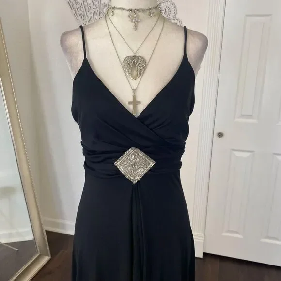 Jodi Kristopher Vintage Early 2000's Asymmetric Cinched Black Midi Prom Dress M - Picture 2 of 8